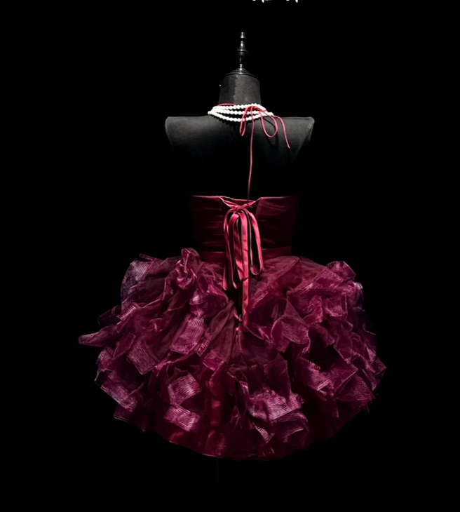 Pretty Burgundy Strapless Tulle Beaded A Line Short Homecoming Dress Formal Birthday Outfits D1827