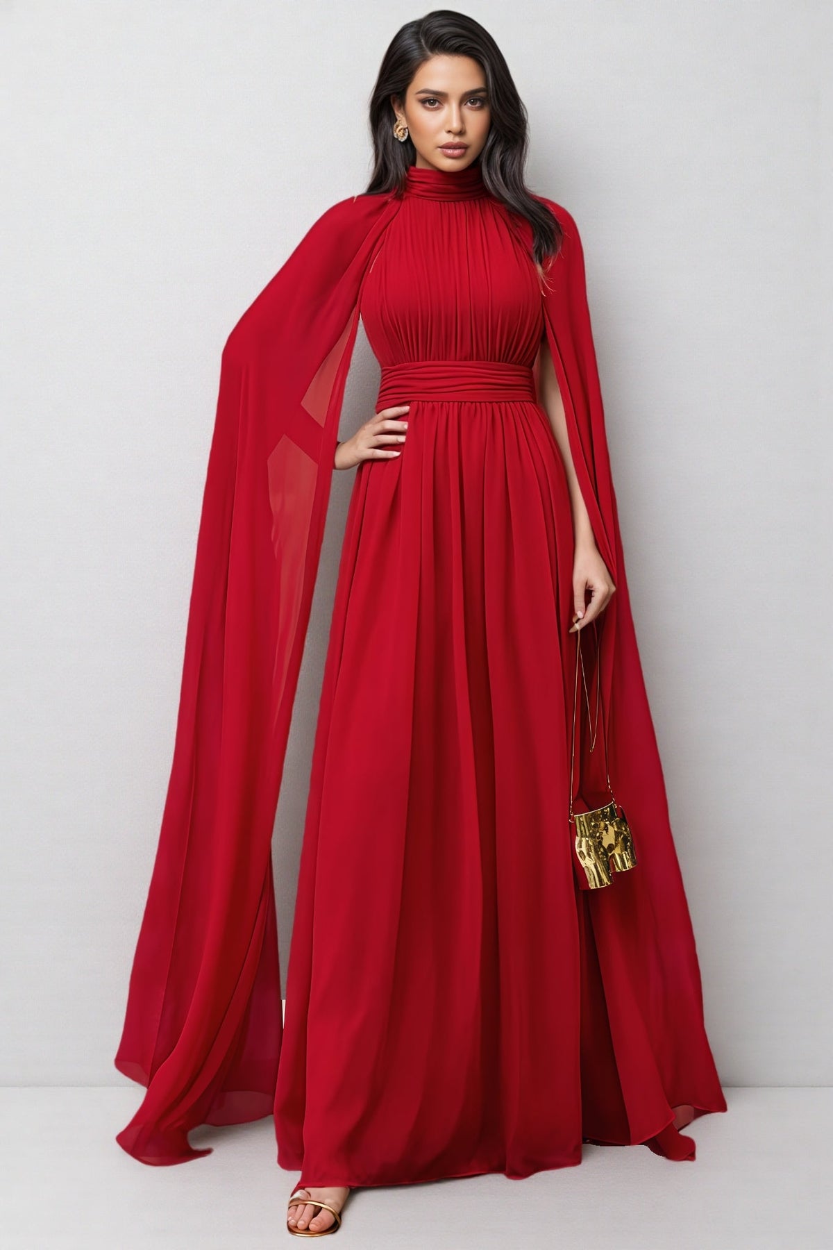 Chiffon Mock Neck Cape Sleeve Ruched Waist Pleated Maxi Dress