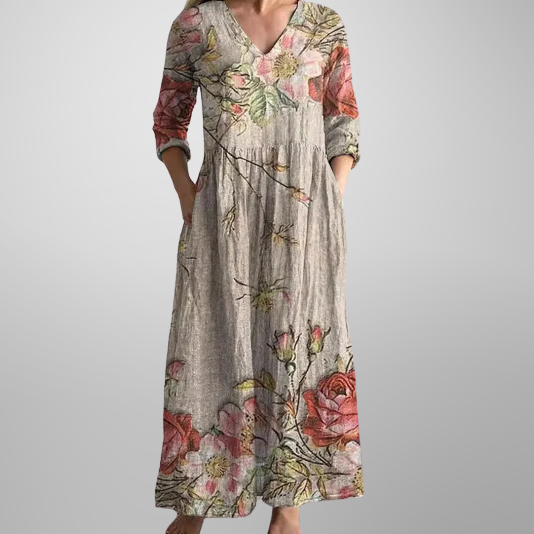 Floral Print V-Neck Long Sleeve Tiered Maxi Dress