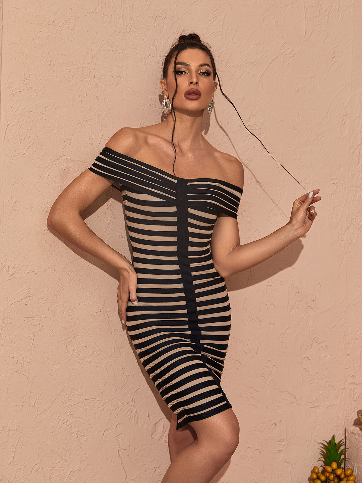 Striped Off Shoulder Short Sleeve Mesh Bodycon Mini Dress