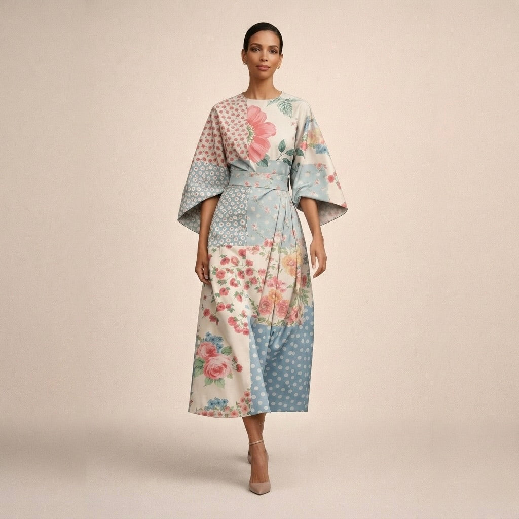 Floral Print Boat Neck Wide Sleeve A-Line Midi Dress