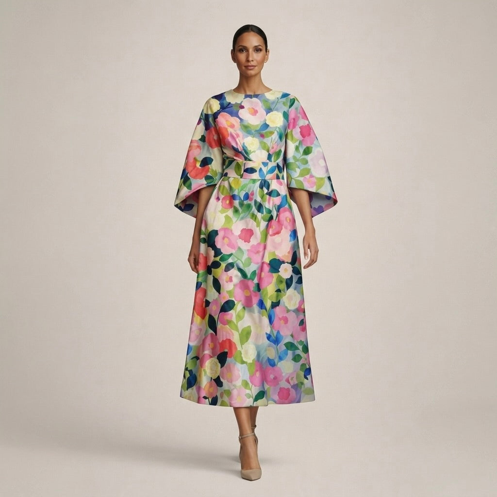 Floral Print Boat Neck Wide Sleeve A-Line Midi Dress