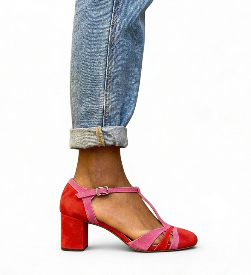 T Strap Buckle Block Heel Closed Toe Pumps