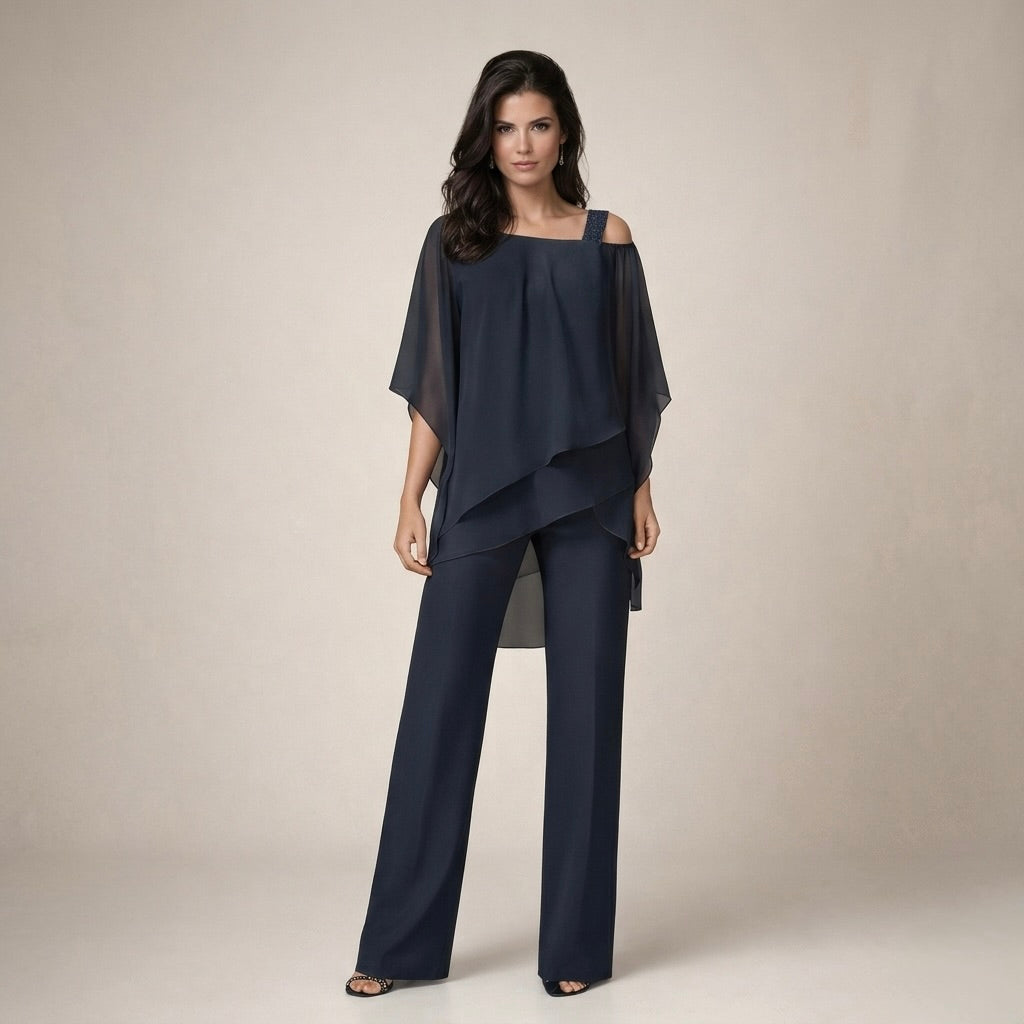 Cold Shoulder Cape Overlay Top and Wide Leg Pants Two Piece Set