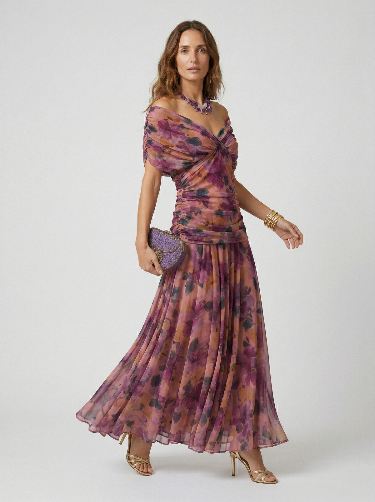 Floral Chiffon Off Shoulder Ruched Wedding Guest Dress