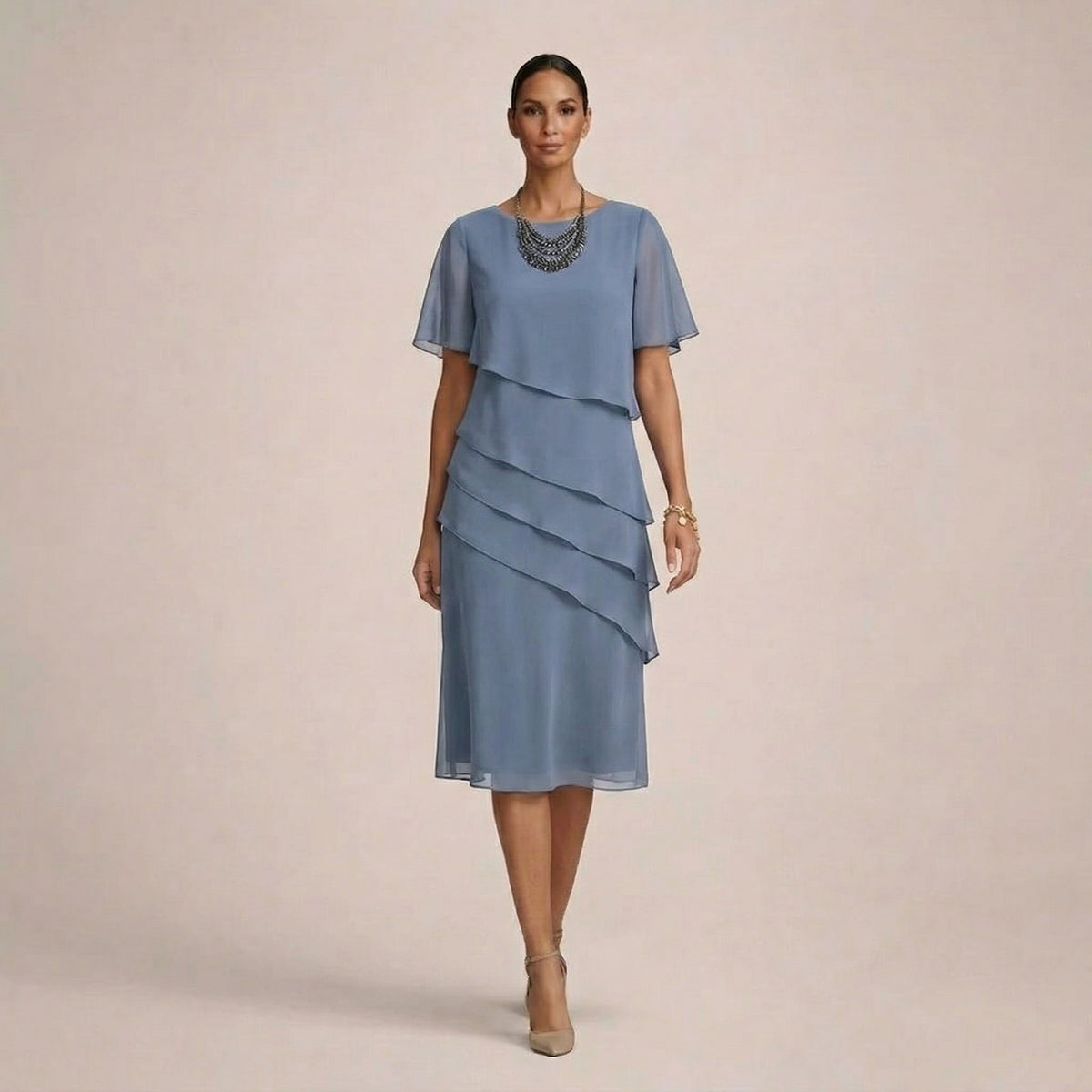 Round Neck Flutter Sleeve Tiered Ruffle Chiffon Midi Dress