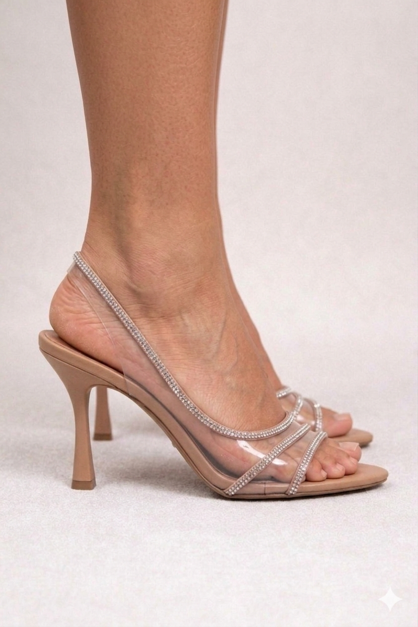 Clear Strap Rhinestone Square Toe Slingback Stiletto Sandals