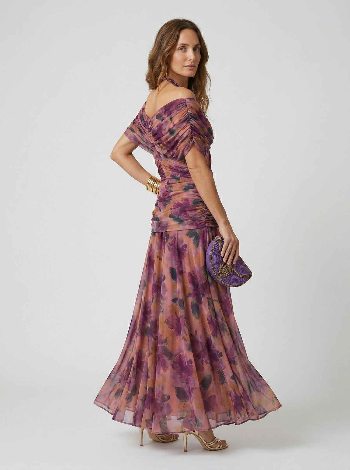 Floral Chiffon Off Shoulder Ruched Wedding Guest Dress