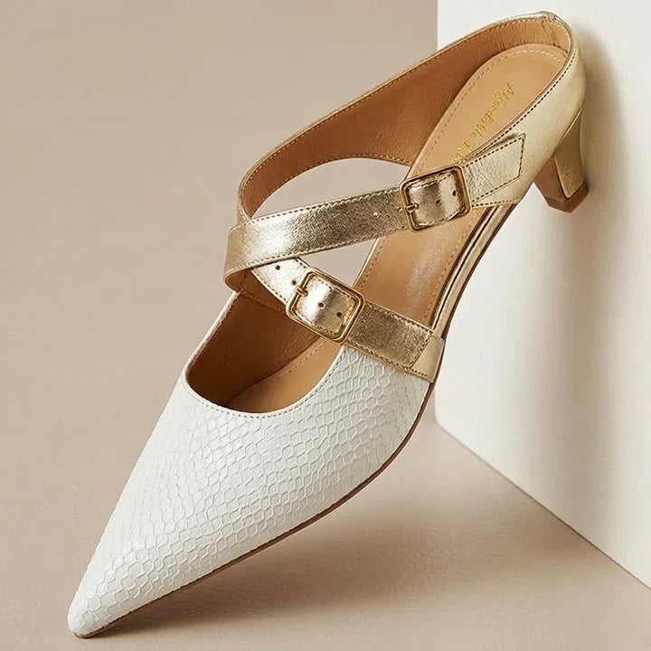 Pointed Toe Cross Ankle Strap Buckle Slingback Heels