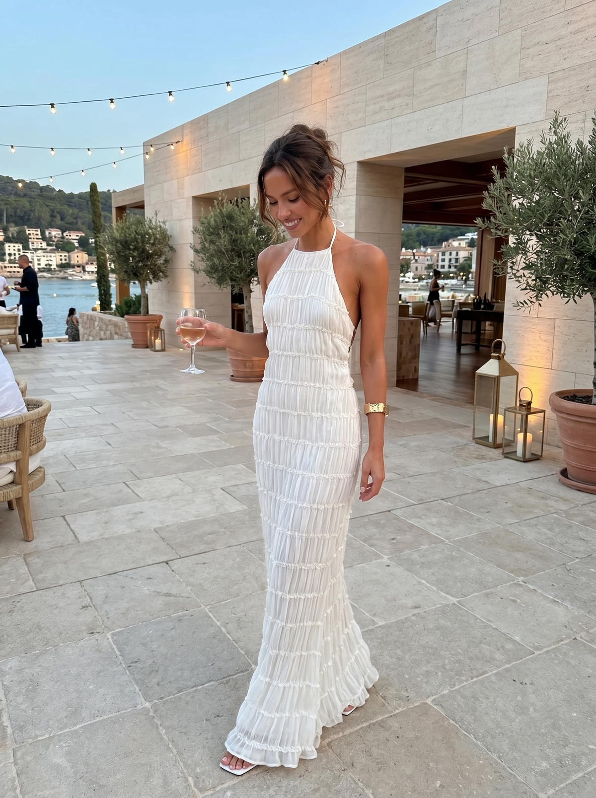 Textured Crinkle Halter Neck Sleeveless Maxi Dress
