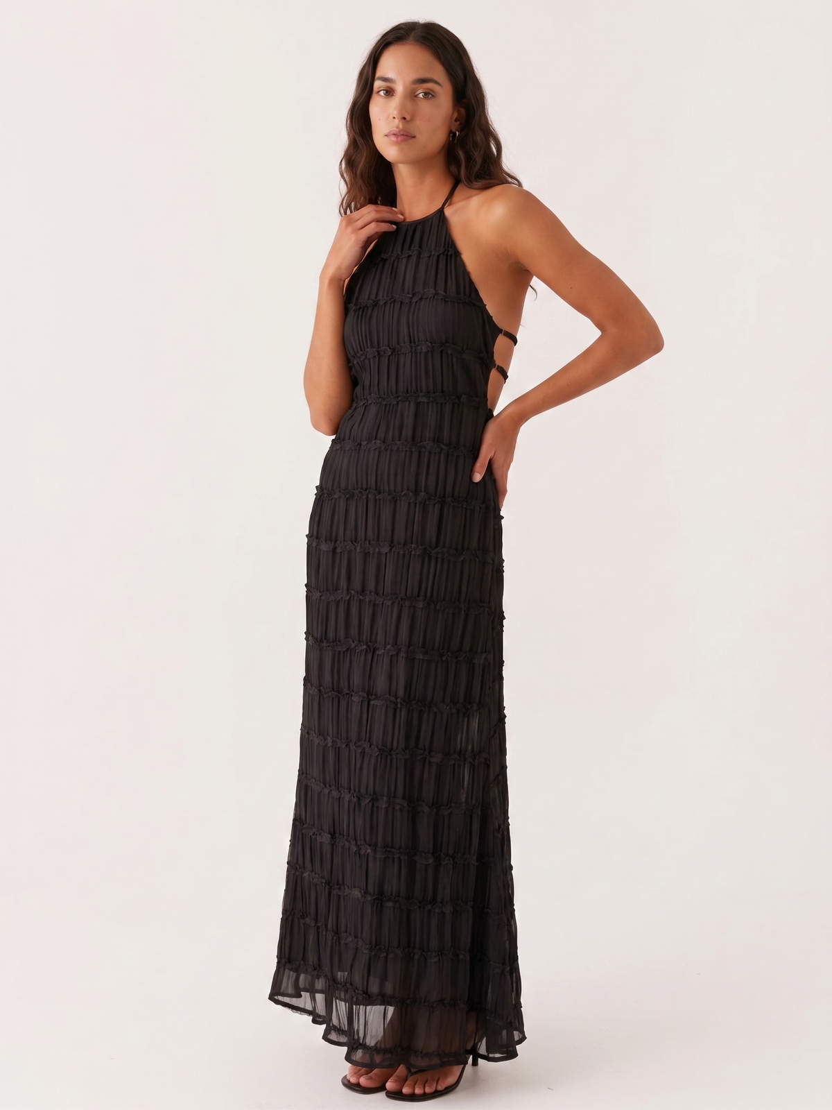 Textured Crinkle Halter Neck Sleeveless Maxi Dress