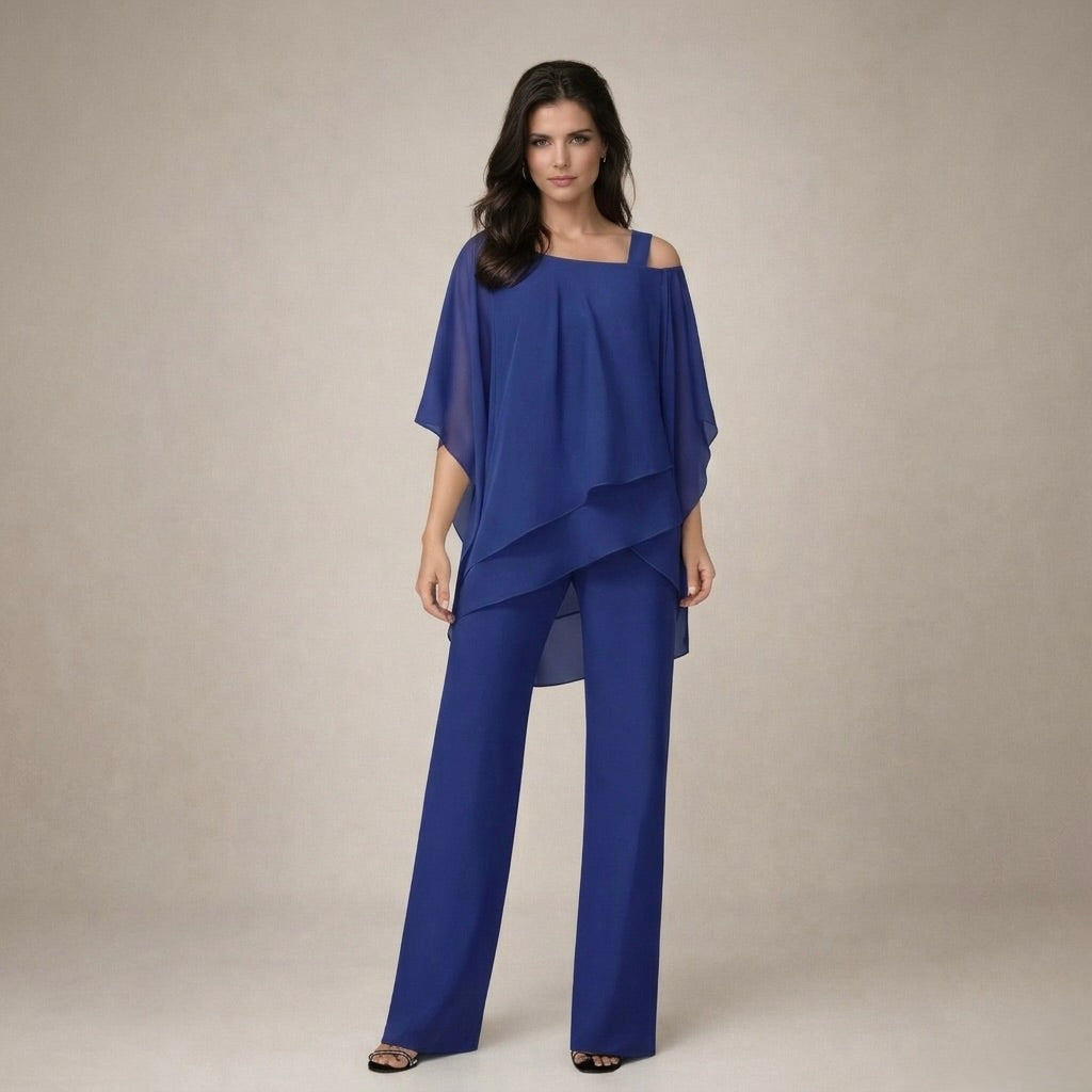 Cold Shoulder Cape Overlay Top and Wide Leg Pants Two Piece Set