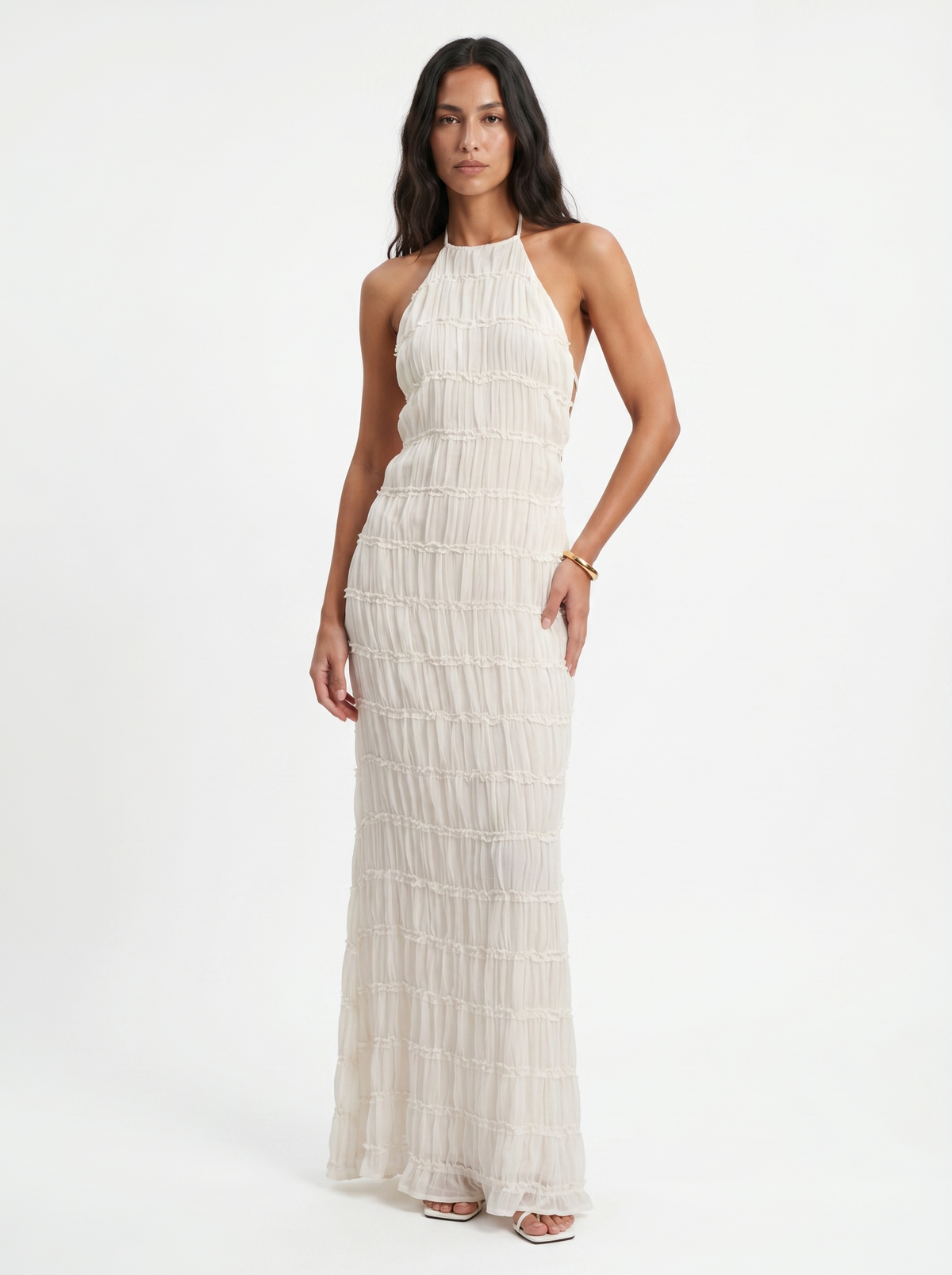 Textured Crinkle Halter Neck Sleeveless Maxi Dress