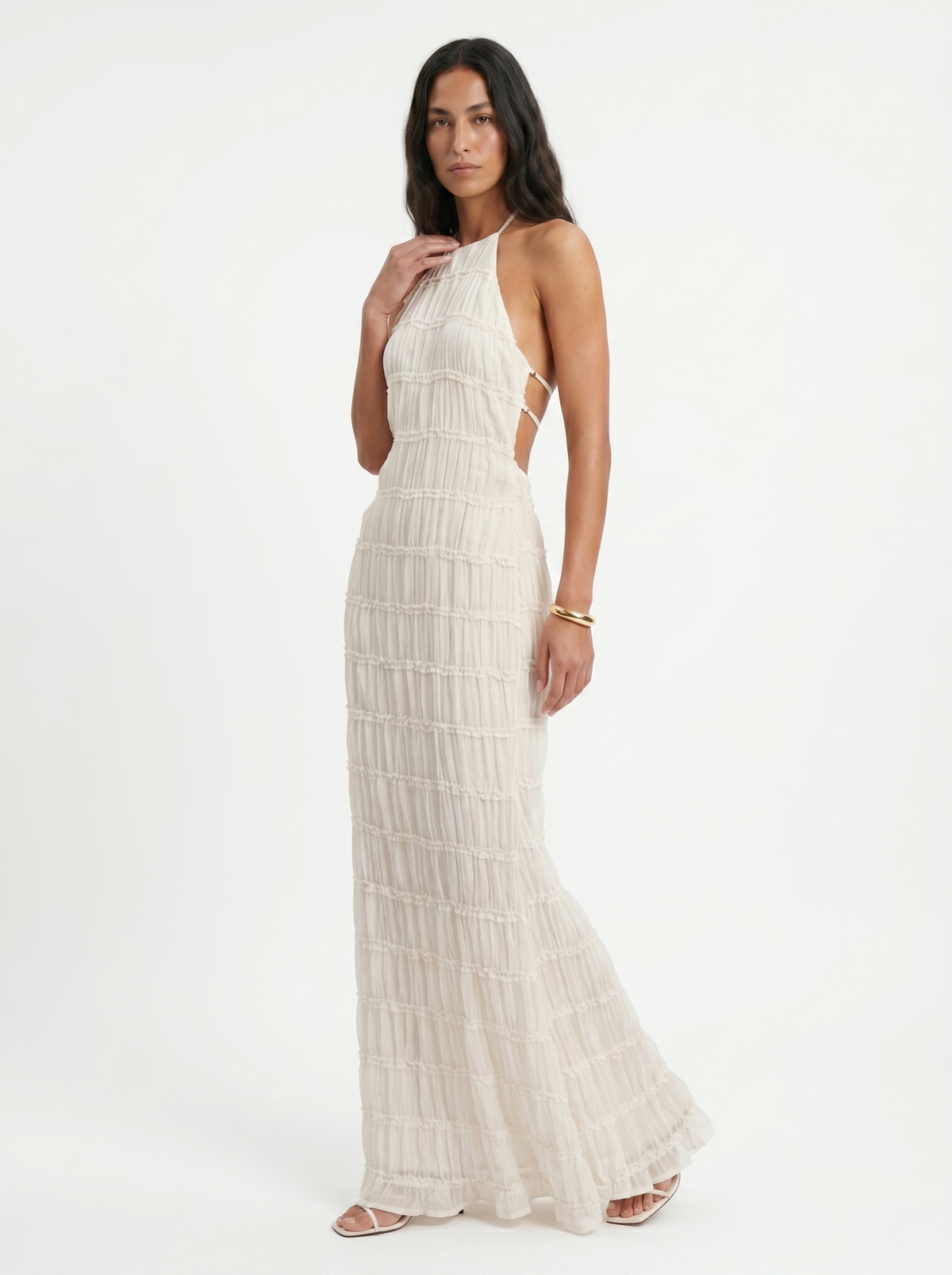 Textured Halter Neck Sleeveless Column Maxi Dress