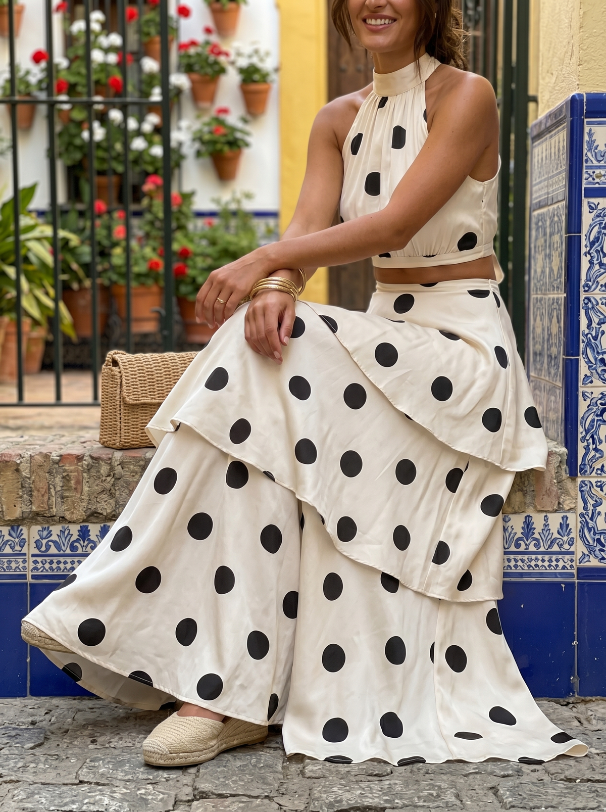 Polka dot top and long skirt set