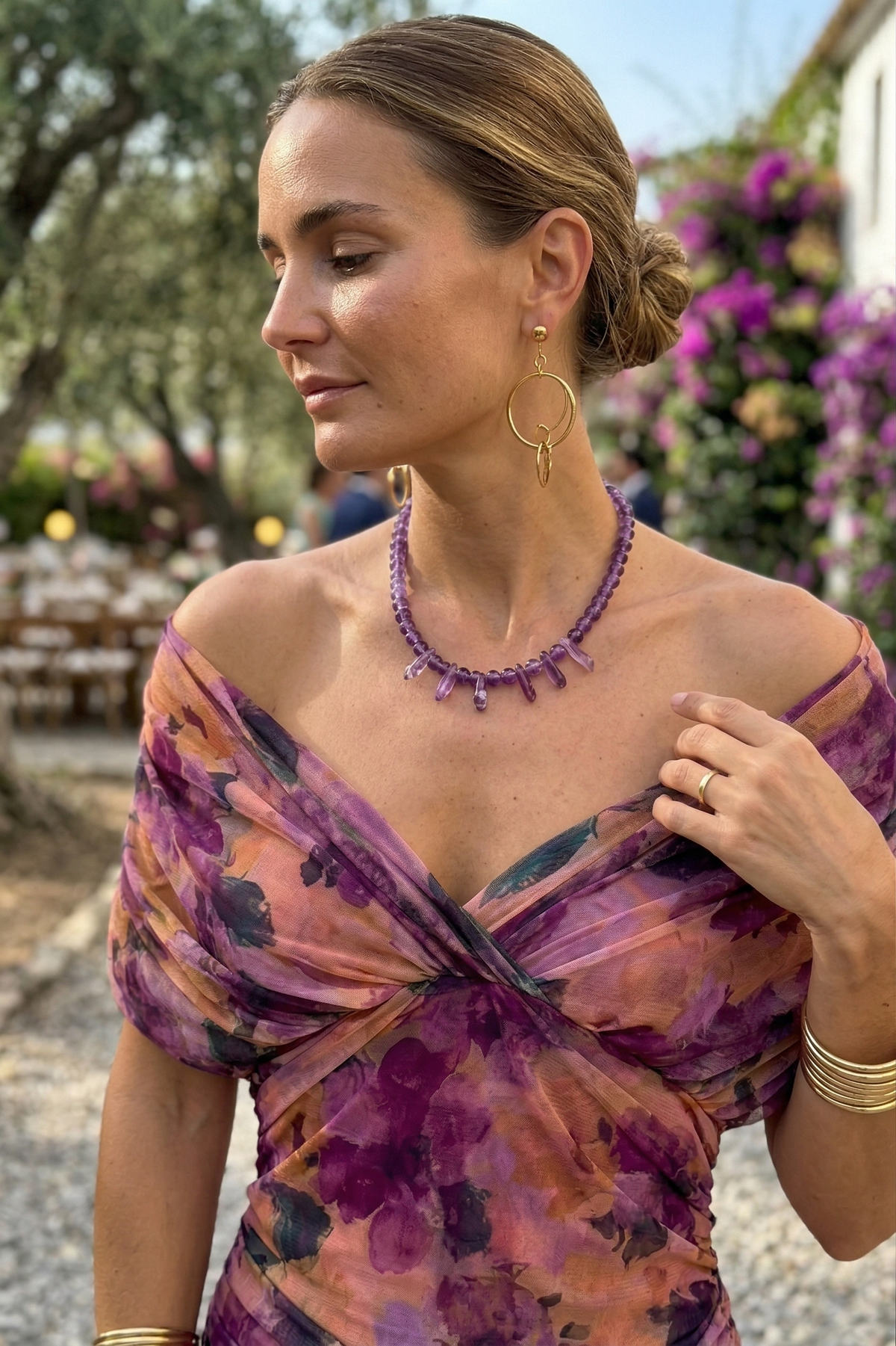 Floral Chiffon Off Shoulder Ruched Wedding Guest Dress