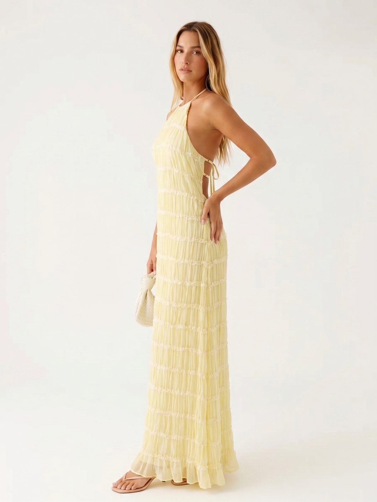 Textured Crinkle Halter Neck Sleeveless Maxi Dress