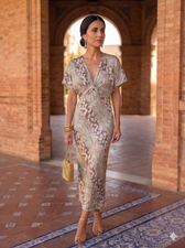 V-Neck Batwing Sleeve Twist Front Satin Midi Dress