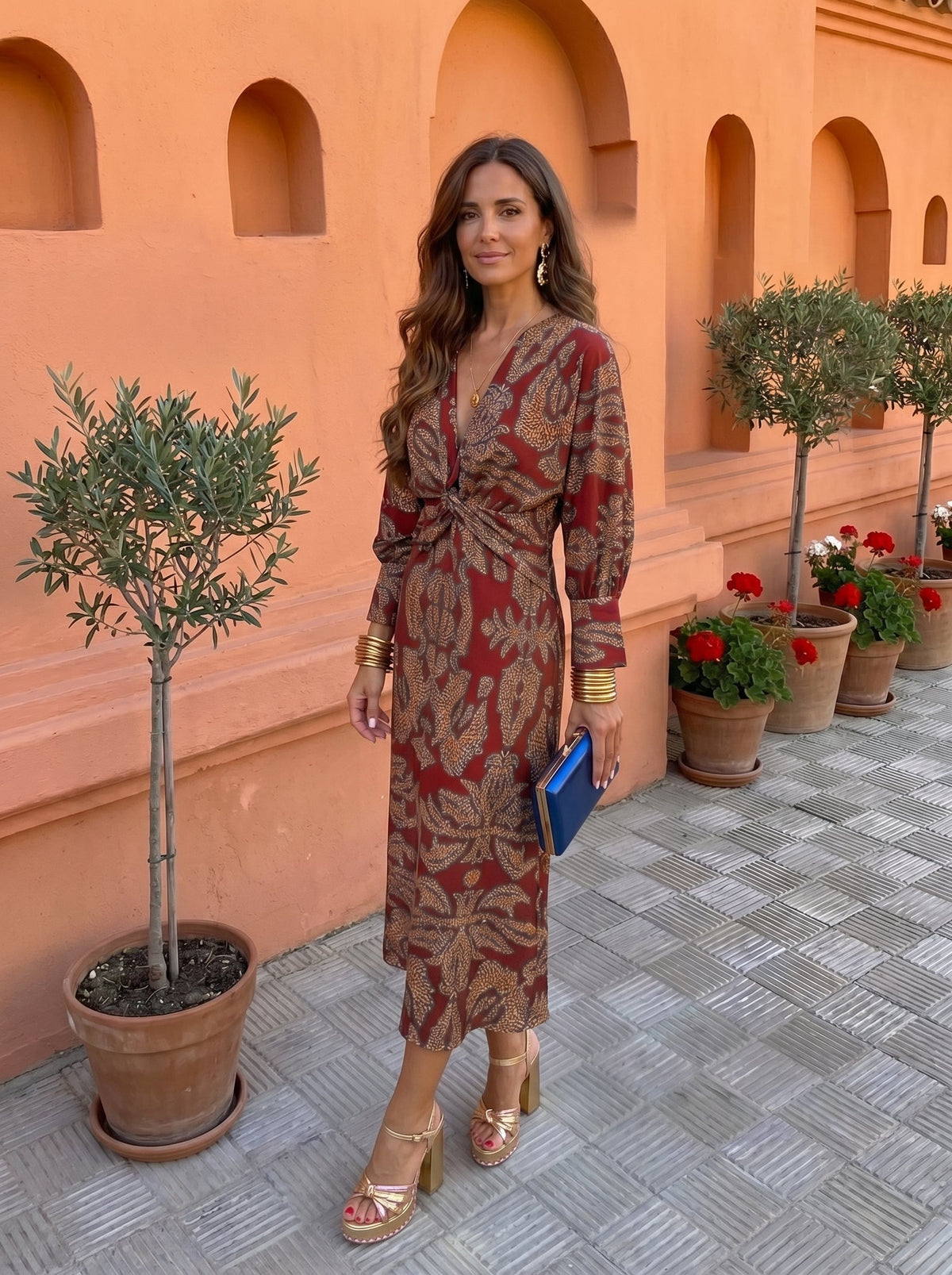 Botanical Print Deep V-Neck Twist Front Long Sleeve Midi Dress