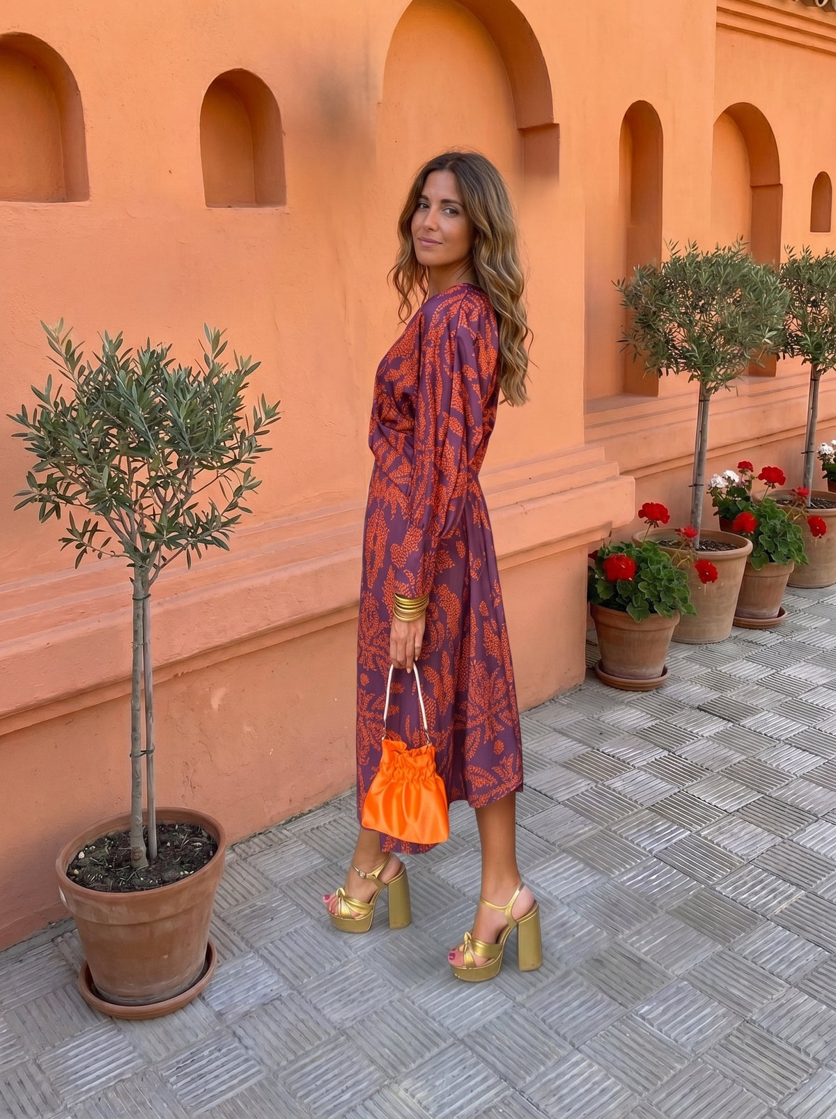 Botanical Print Deep V-Neck Twist Front Long Sleeve Midi Dress