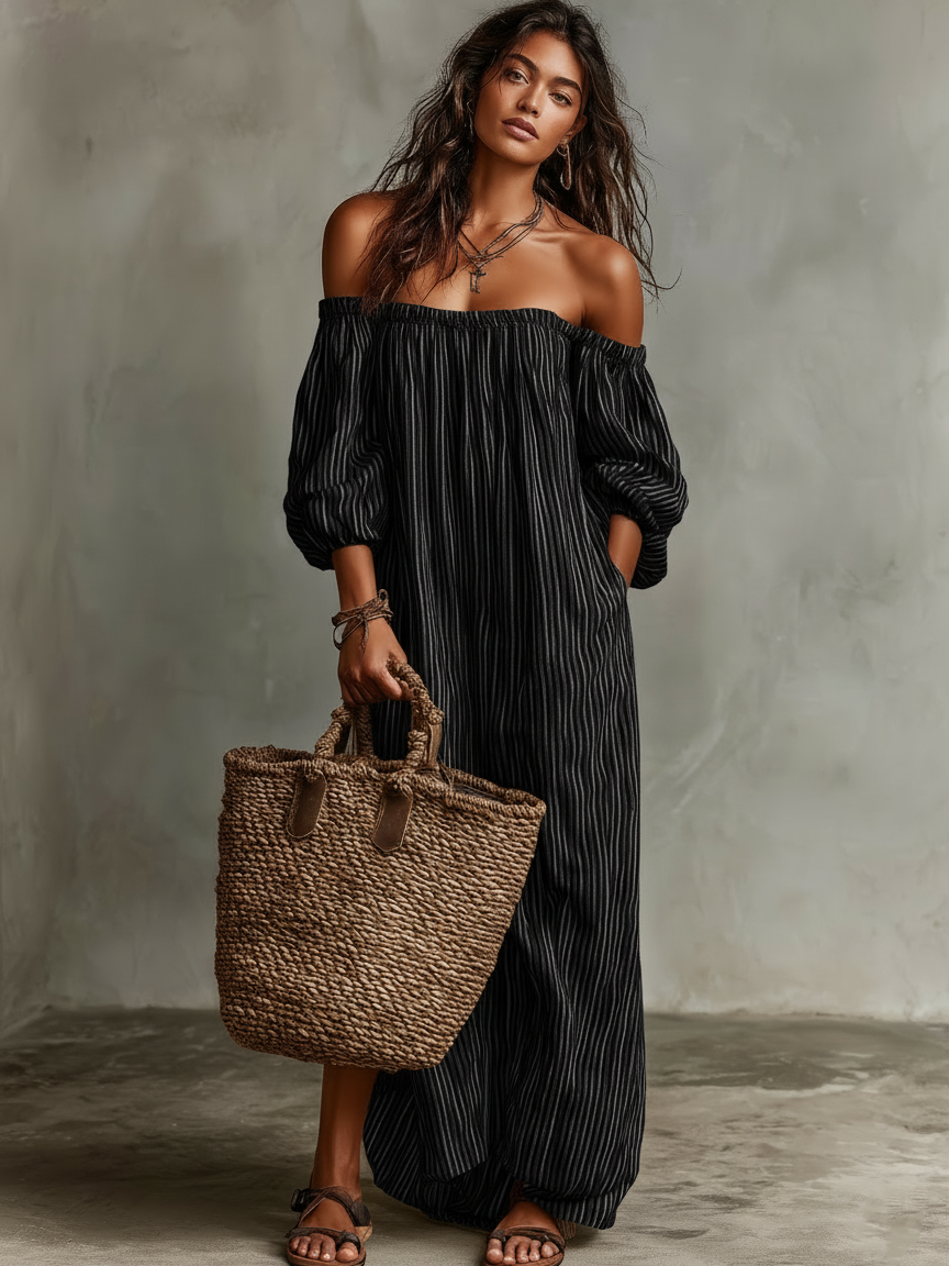 Striped Off Shoulder Long Sleeve Maxi Dress 3