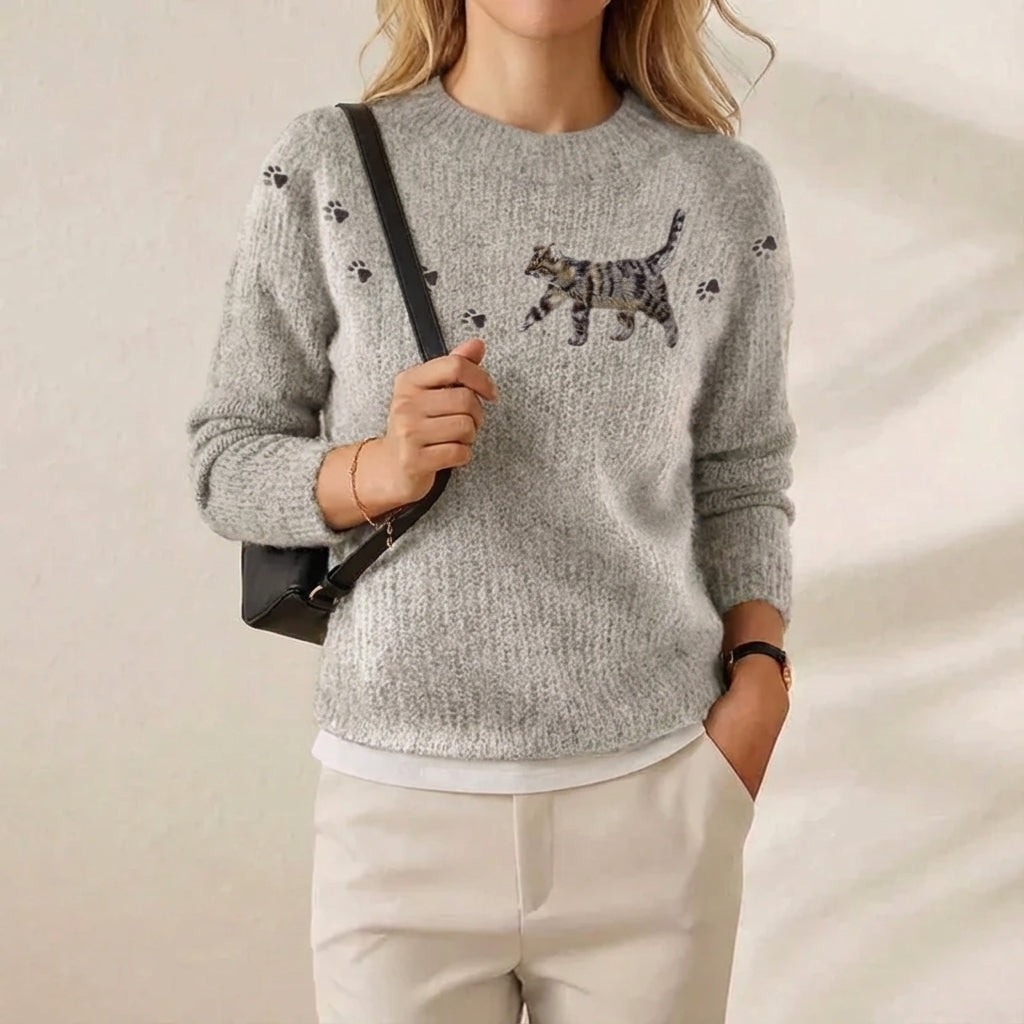 Crew Neck Cat and Paw Embroidered Knit Sweater
