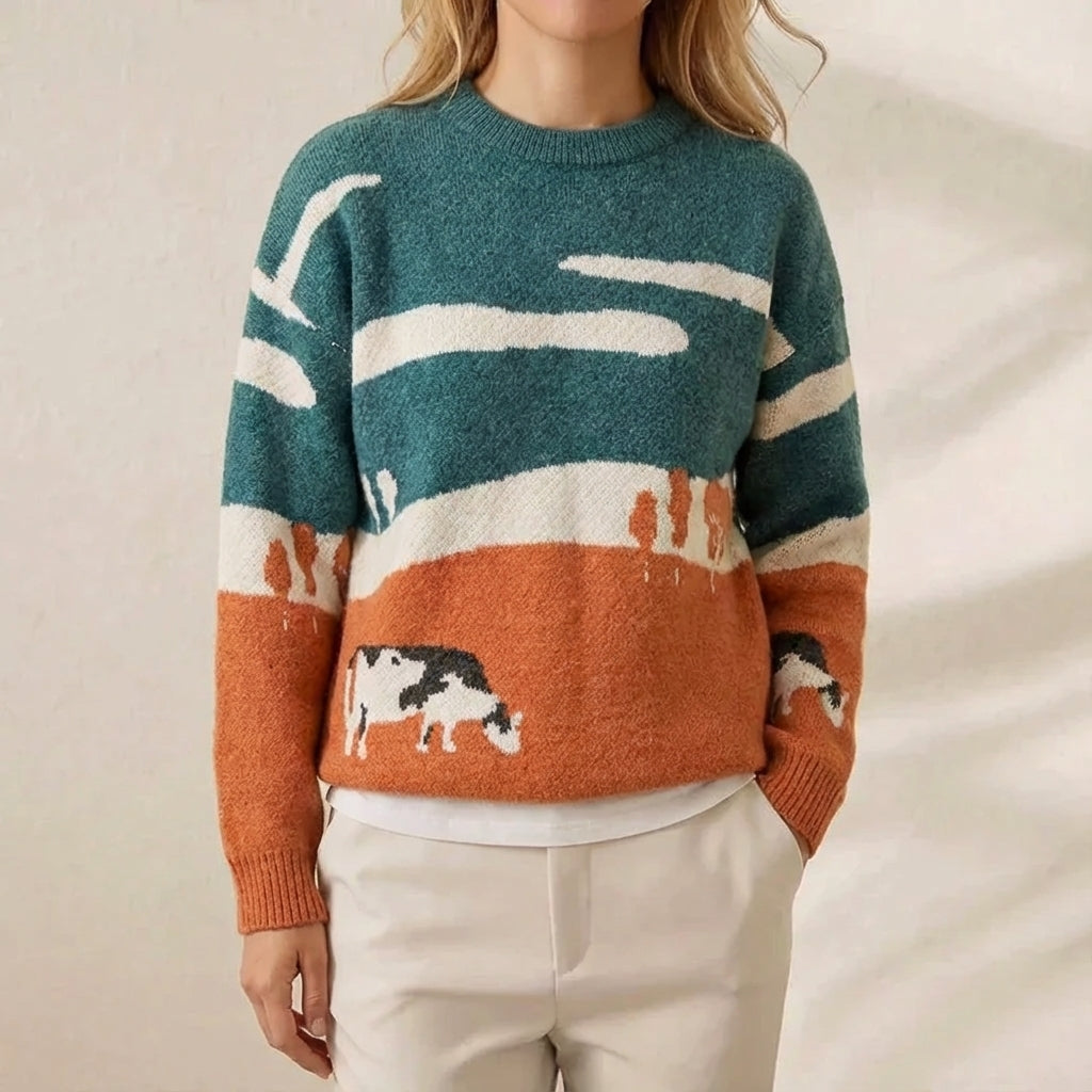 Cow Landscape Print Crew Neck Knit Sweater