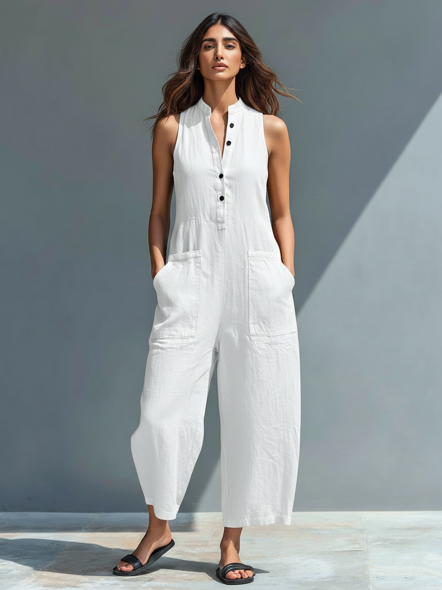 Sleeveless Button Front Pocket Wide Leg Jumpsuit