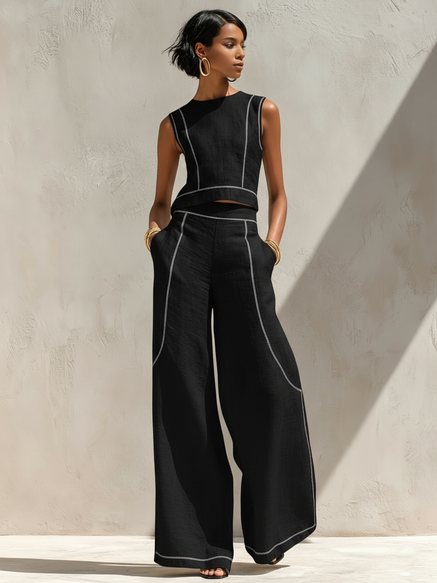 Contrast-Stitched Pants Set