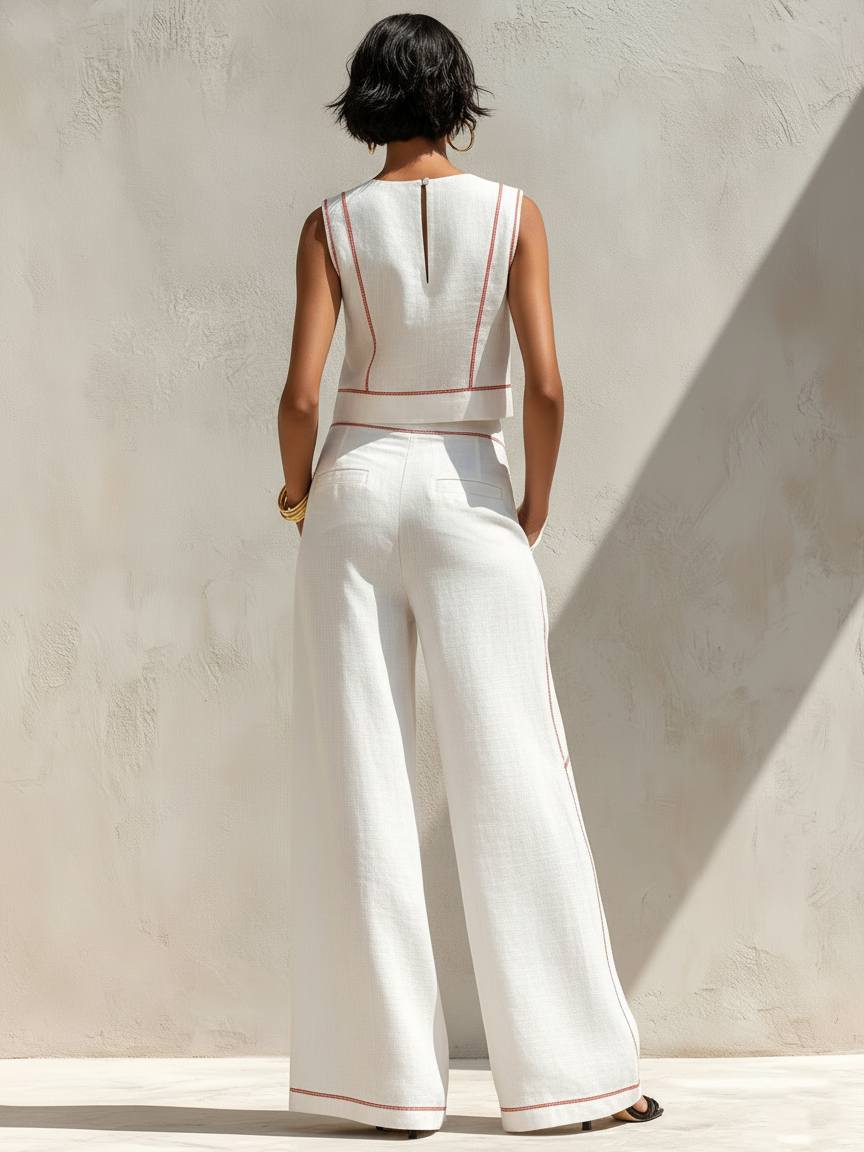 Contrast-Stitched Pants Set