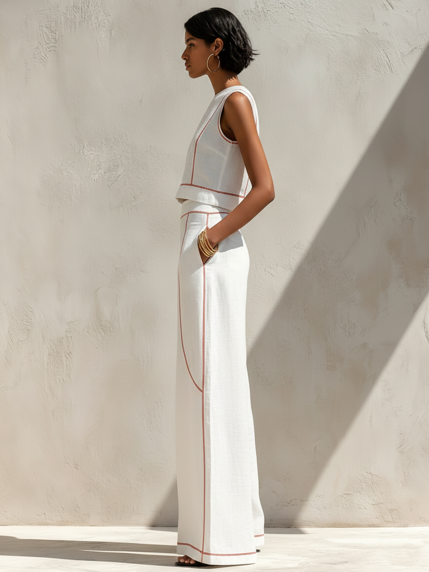 Contrast-Stitched Pants Set