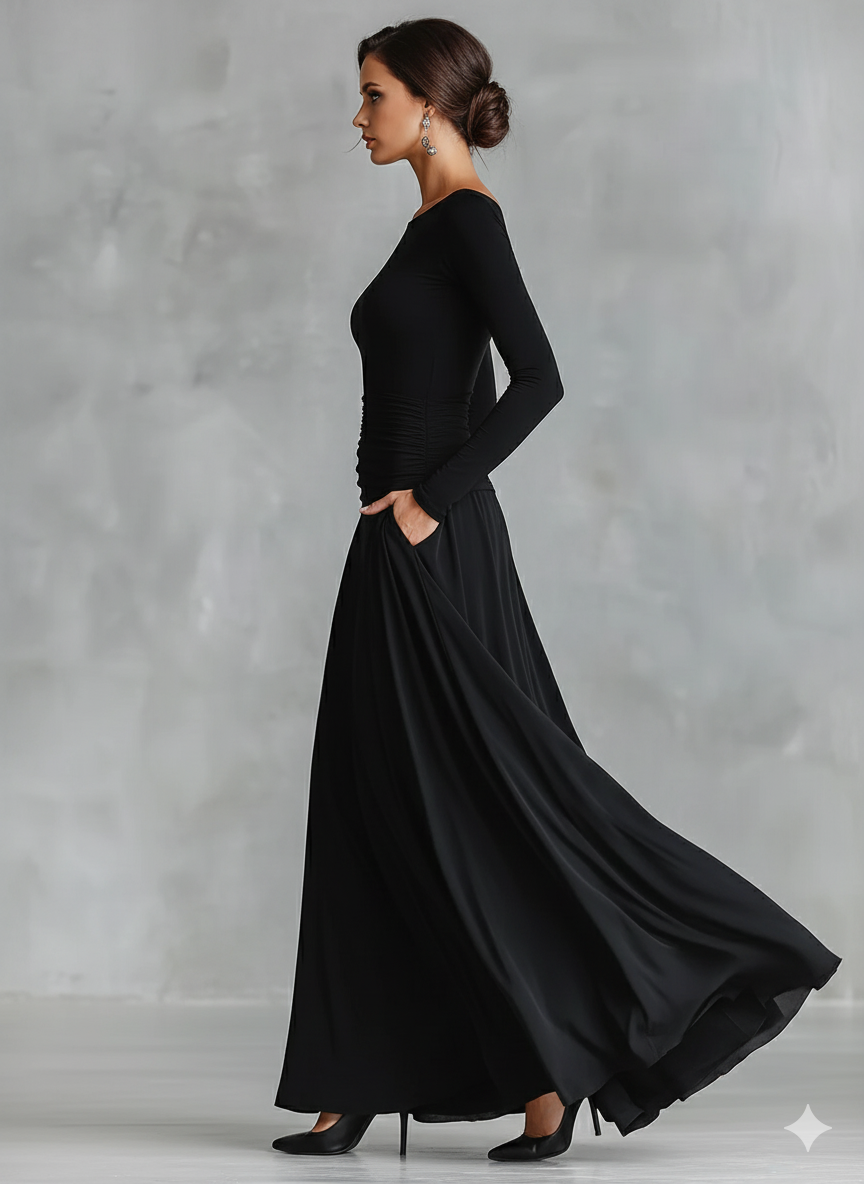 Boat Neck Long Sleeve Ruched Maxi Gown 2