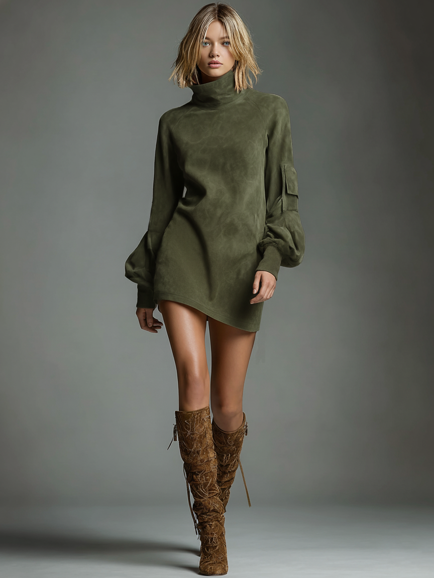 Faux Suede High Neck Long Sleeve Mini Dress 9