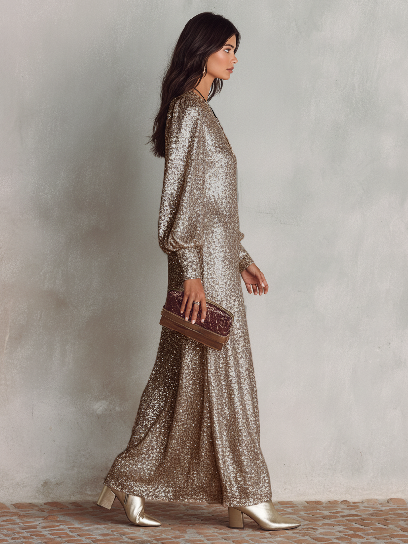 Sequin Deep V-Neck Long Sleeve Maxi Dress 5