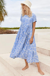 High Waist Ruched Dress With Geometric Print Blue / S Maxi Dresses