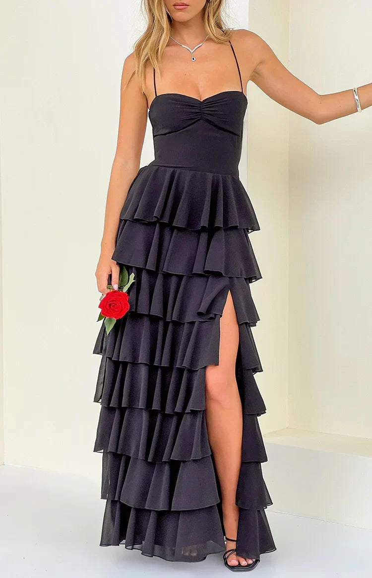 Sweetheart Spaghetti Strap Tiered Ruffle High Split Maxi Dress 2