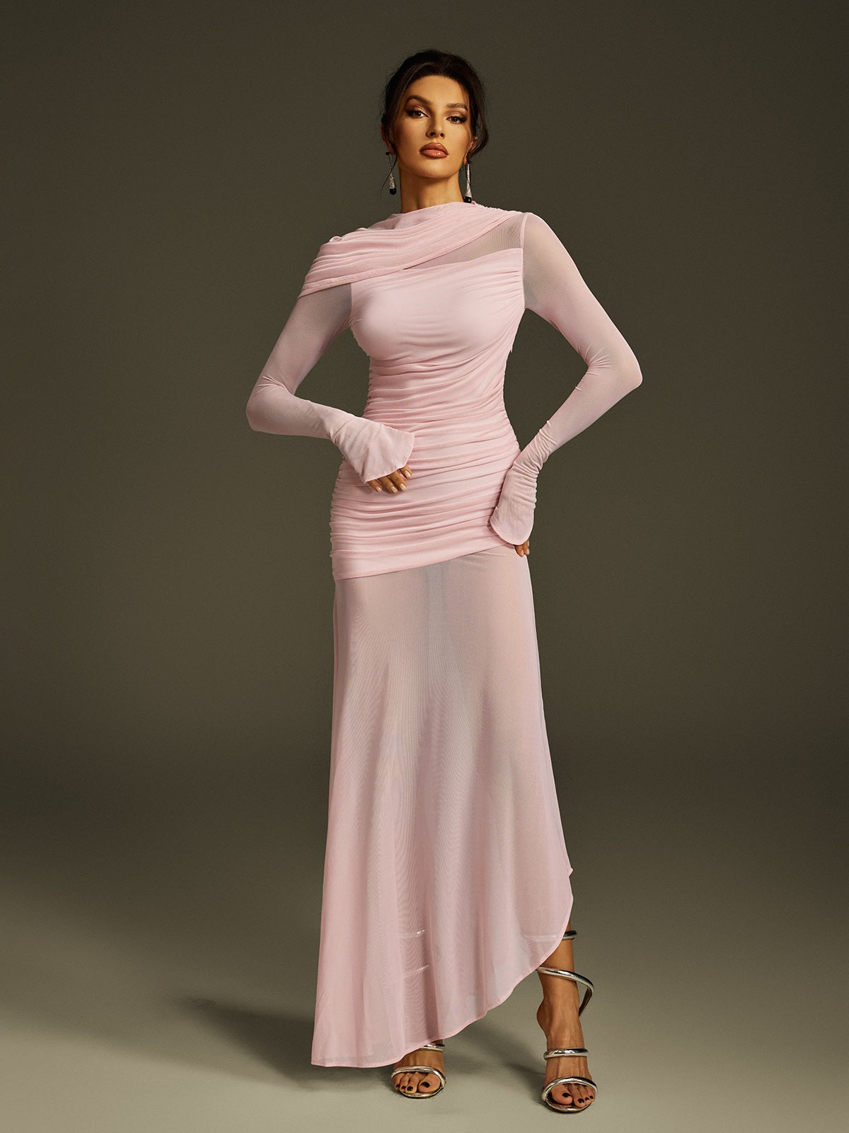 Sheer Mesh Long Sleeve Draped Ruched Asymmetric Hem Maxi Dress
