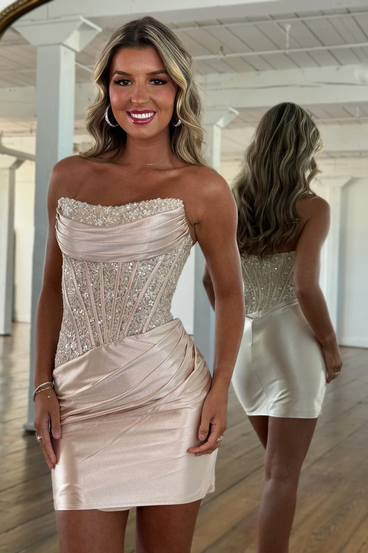 Glamorous Strapless Champagne Homecoming Dress with Beaded Corset and Draped Skirt