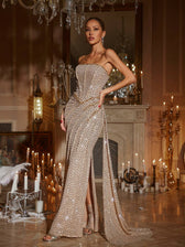 Strapless Ruched Sequin Maxi Dress