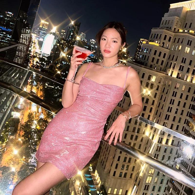 Glitter Spaghetti Strap Straight Neck Bodycon Mini Party Dress
