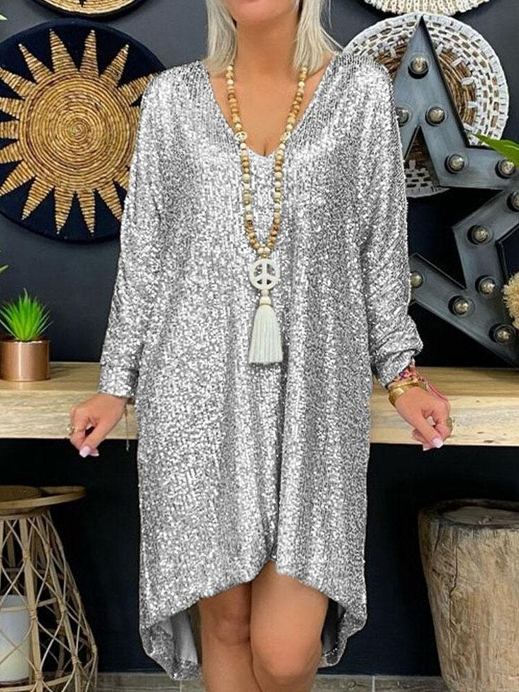 Sequin Deep V-Neck Long Sleeve Oversized Shift Mini Party Dress