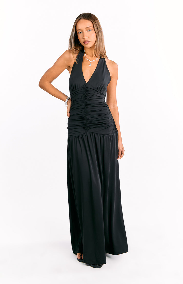Ruched Bodice Halter V-Neck Drop Waist Maxi Dress 3