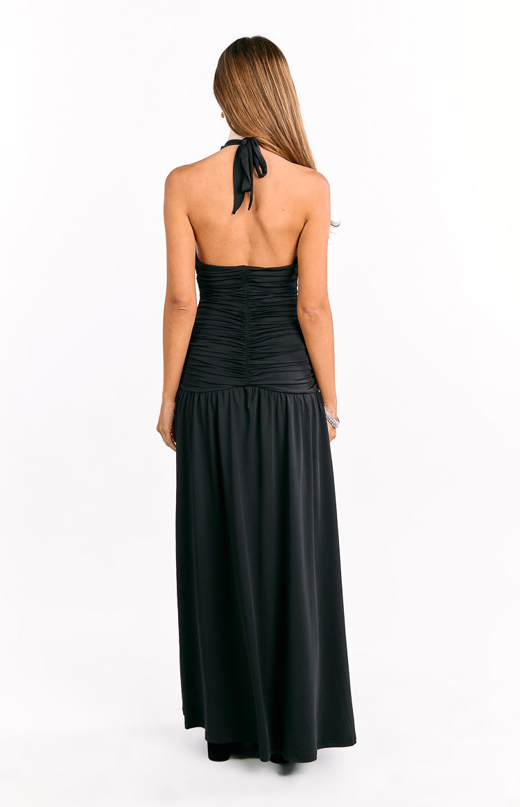 Ruched Bodice Halter V-Neck Drop Waist Maxi Dress 5