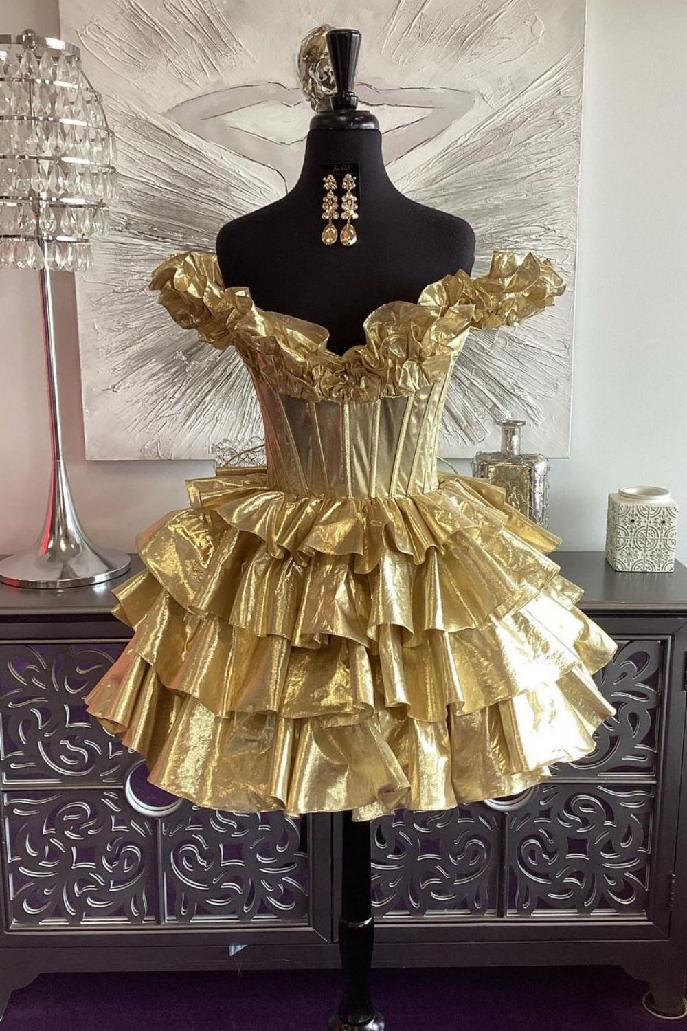 Gold A-Line Off The Shoulder Lace Up Short Tiered Metallic Homecoming Dress