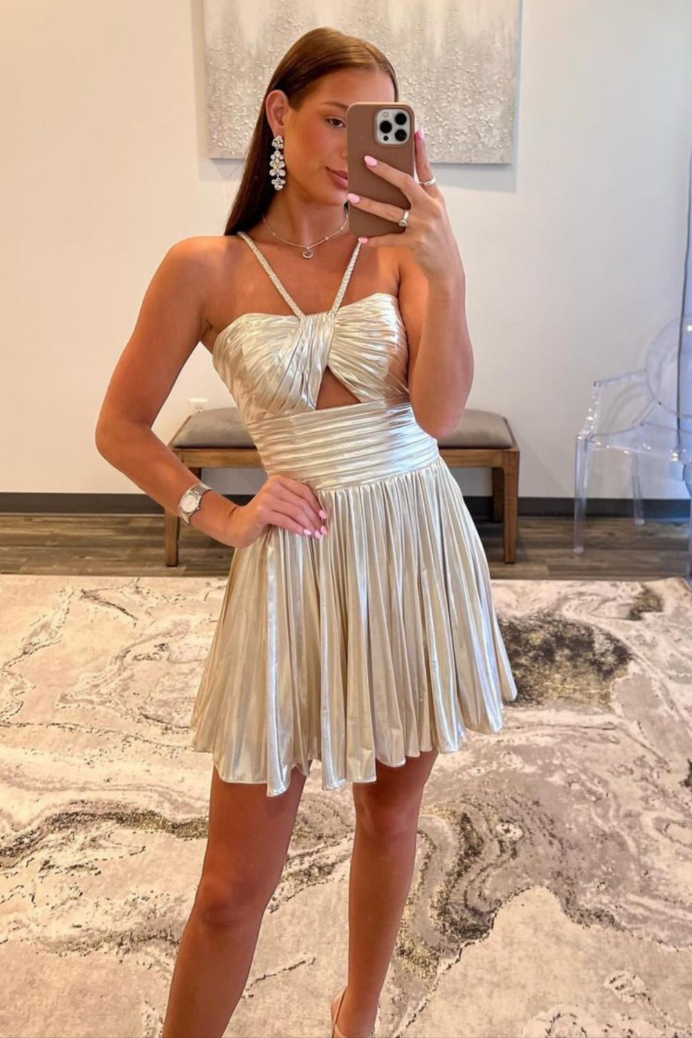 Gold A-Line Halter Neck Short Metallic Homecoming Dress