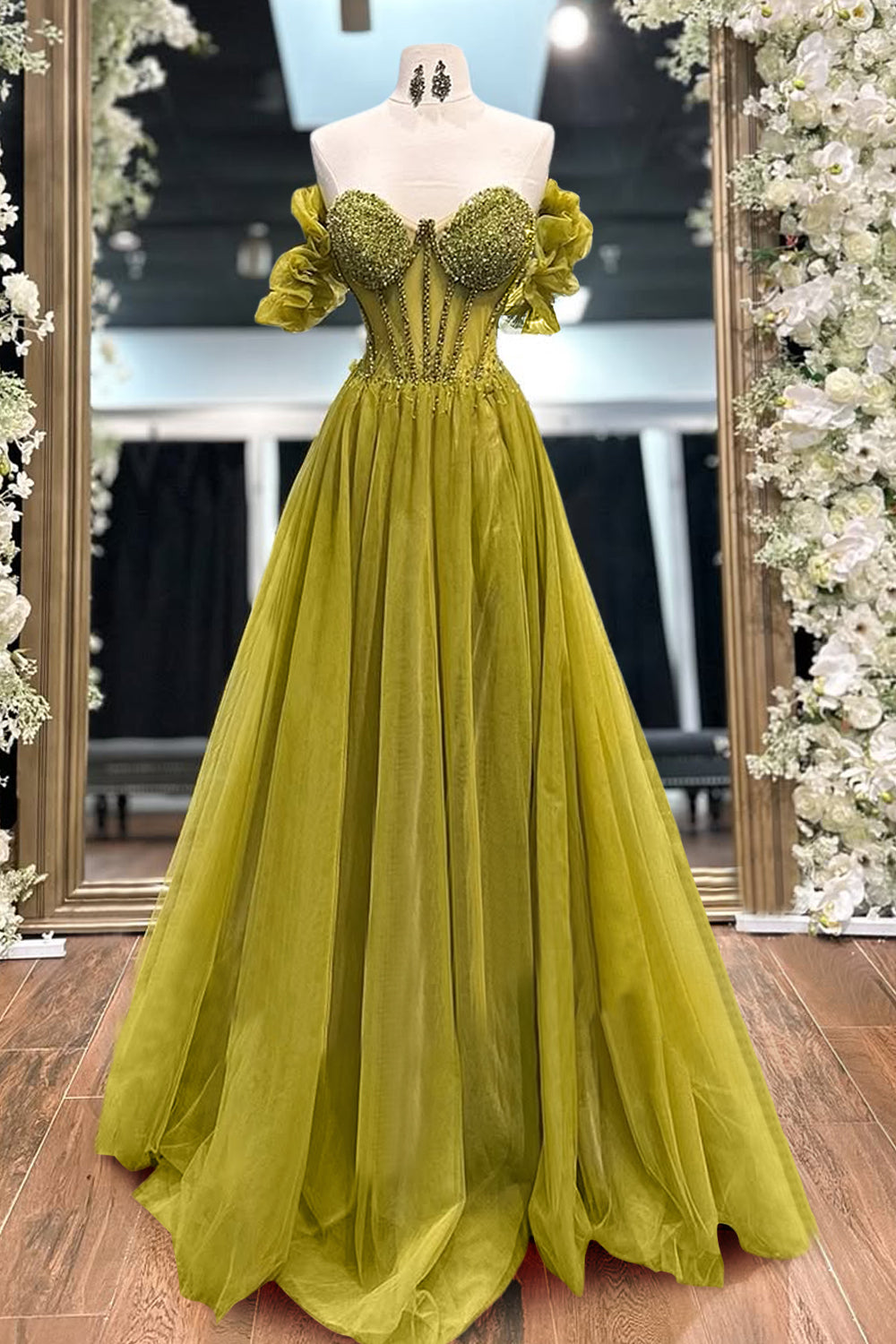 Gorgeous A-Line Off The Shoulder Long Tulle Prom Dress with Beading