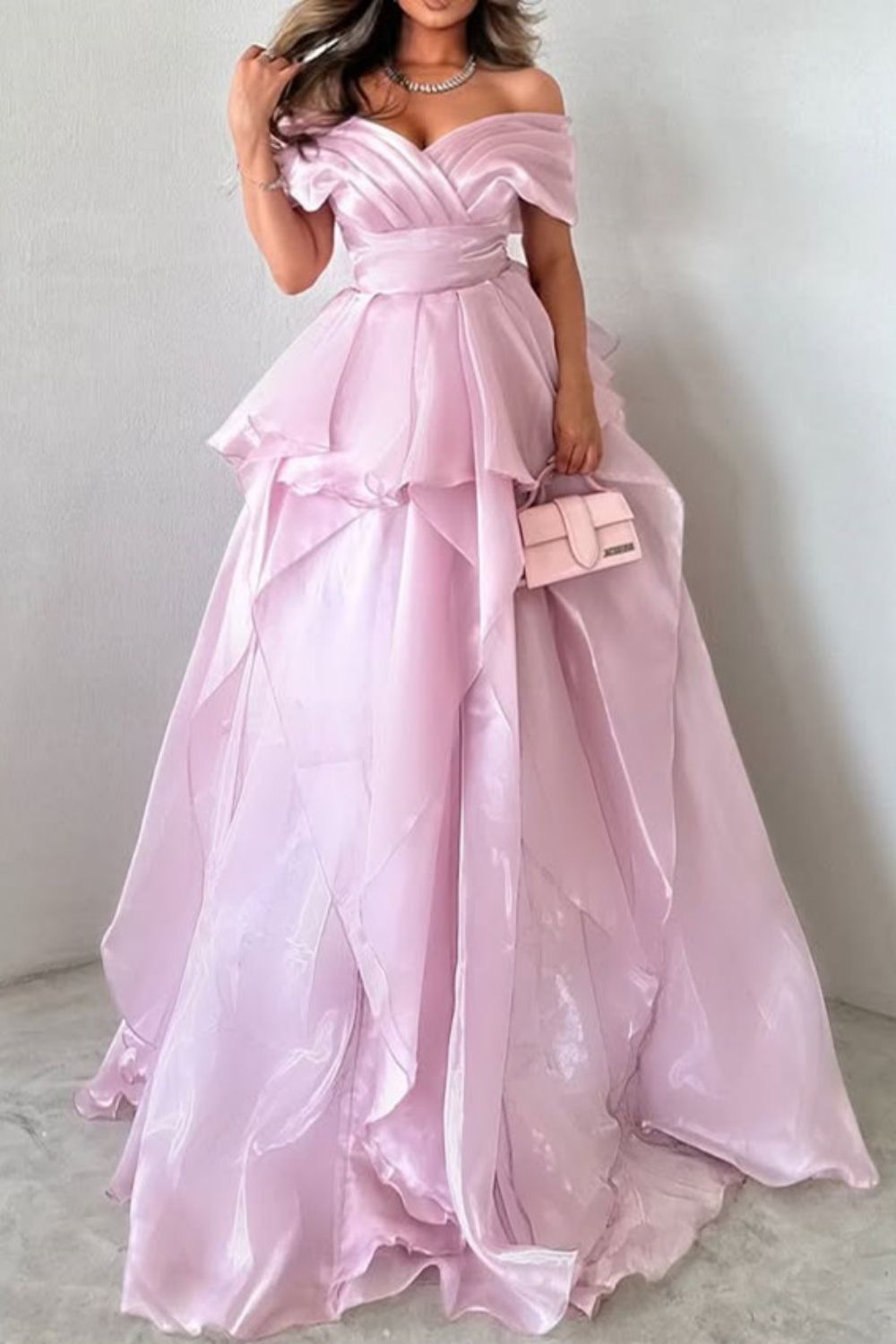Gorgeous A-Line Pink Off The Shoulder Long Ruffle Formal Party Dress