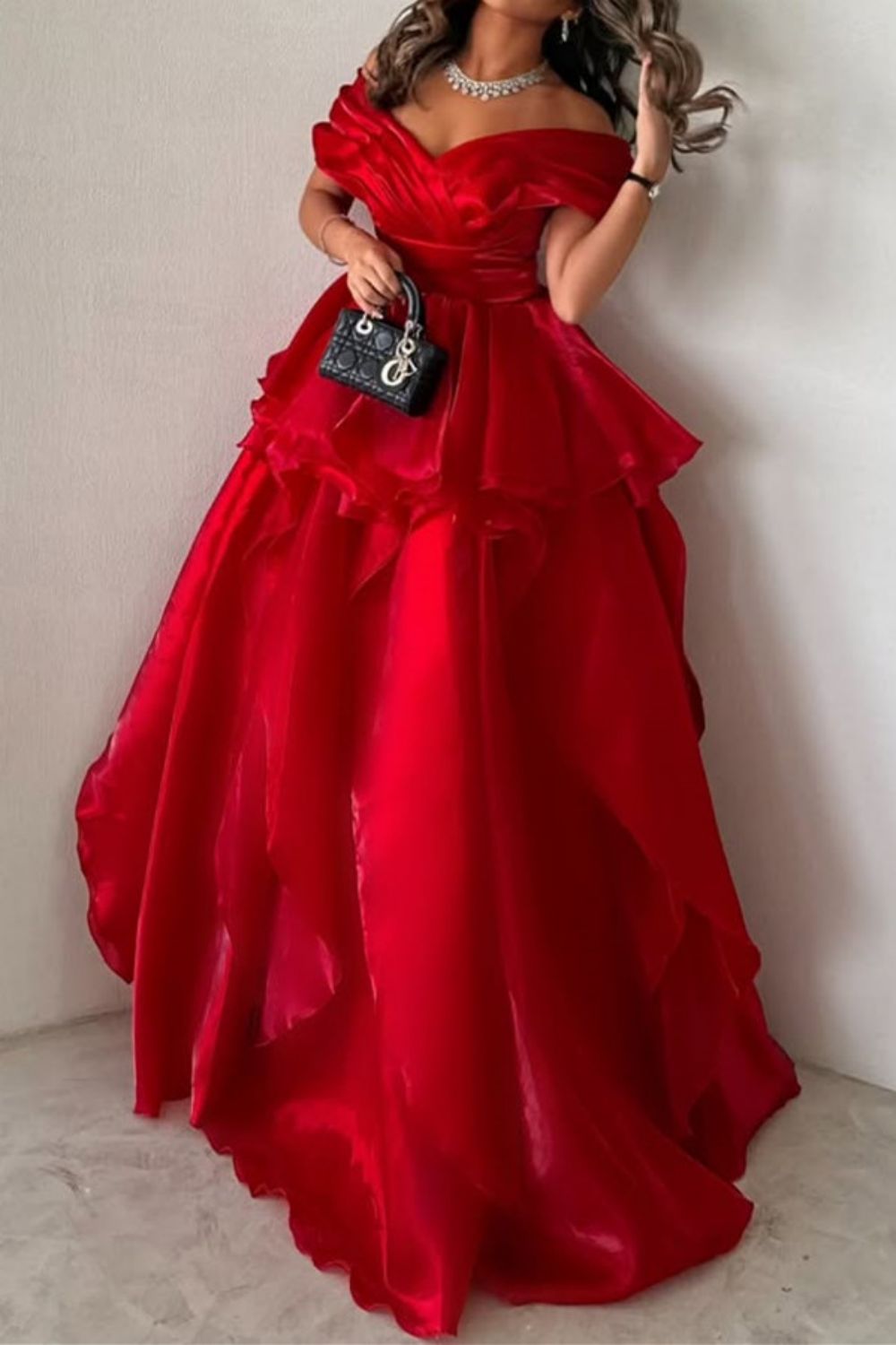 Gorgeous A-Line Pink Off The Shoulder Long Ruffle Formal Party Dress