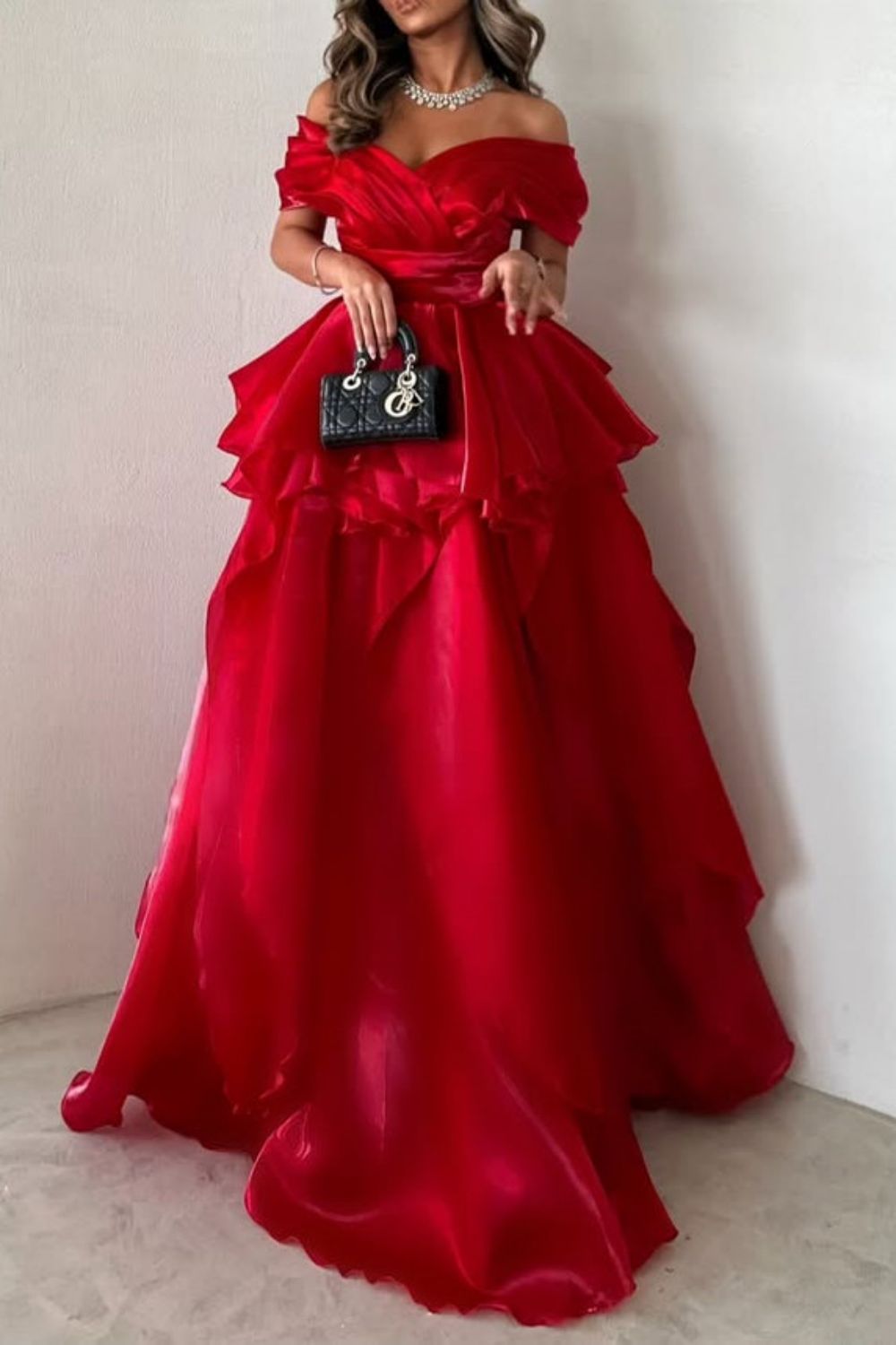 Gorgeous A-Line Pink Off The Shoulder Long Ruffle Formal Party Dress