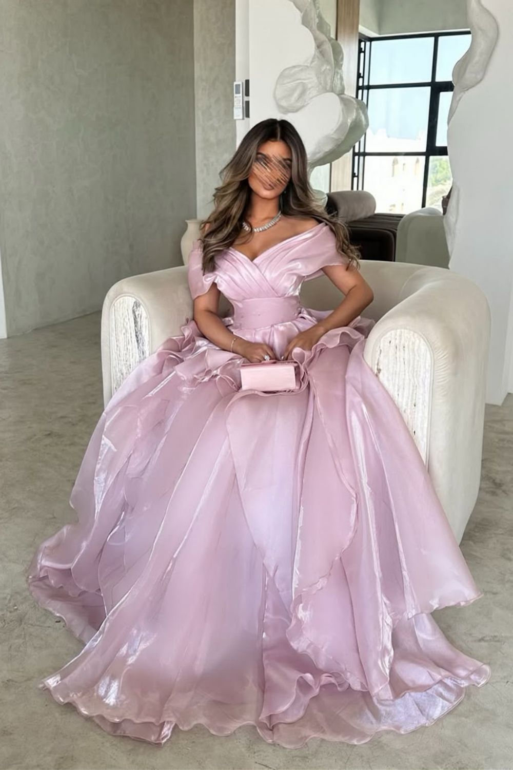 Gorgeous A-Line Pink Off The Shoulder Long Ruffle Formal Party Dress